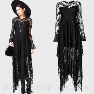 Killstar Maxi Dress Shadow Figure Lace Handkerchief Hem Black XL Gothic Witchy